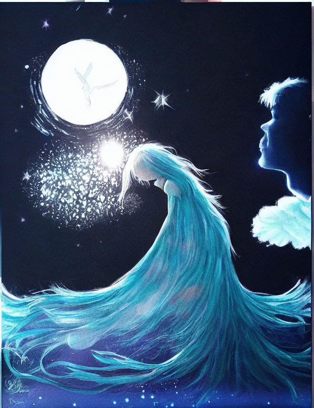 Fantastical painting of silhouetted figure gazing at glowing moon