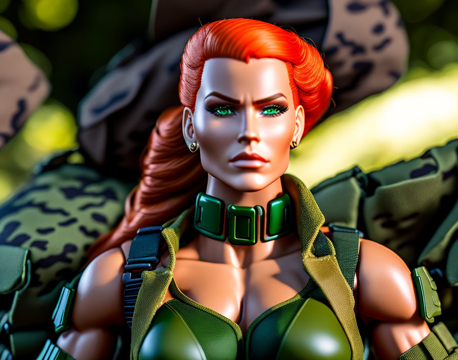 Detailed Action Figure with Red Hair and Green Military Outfit