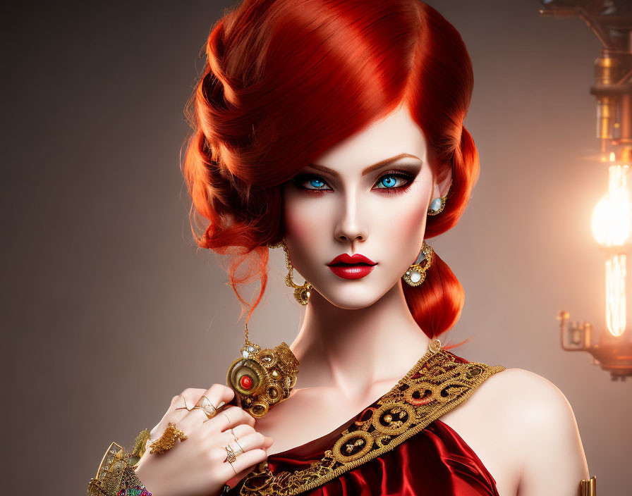 Woman with Red Hair and Blue Eyes in Dramatic Makeup and Vintage Costume