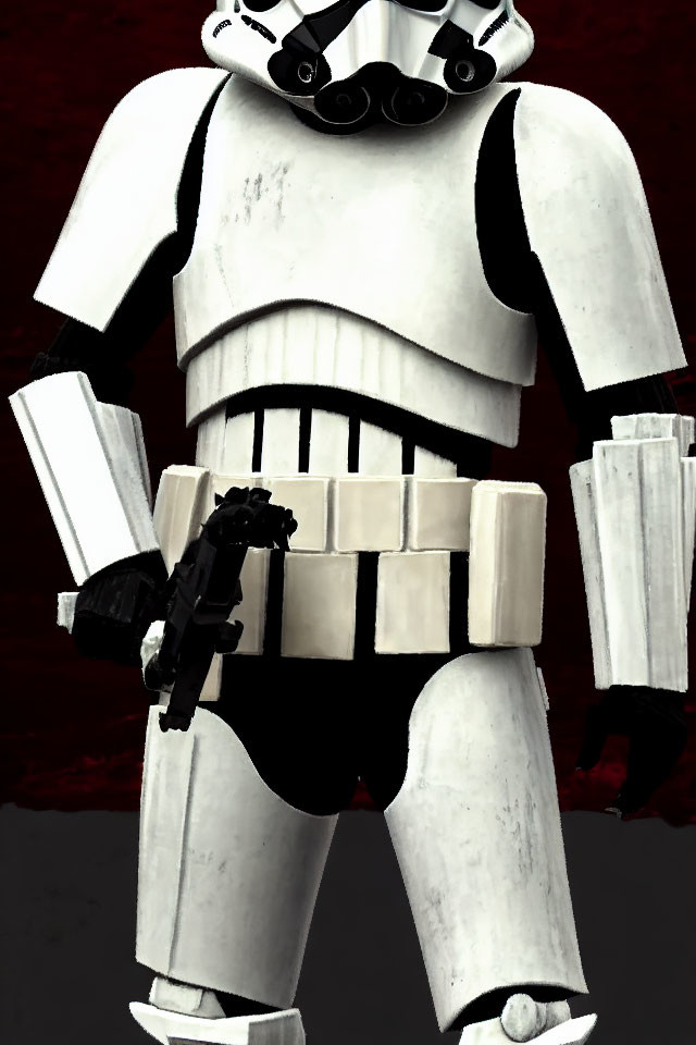 Iconic Stormtrooper in white armor with blaster on red background