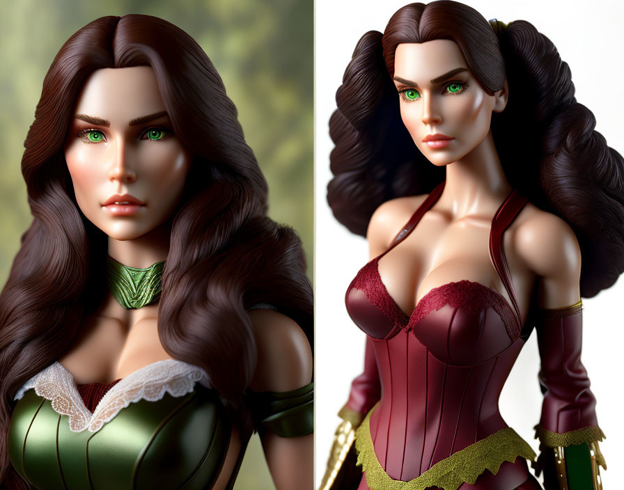 Female fantasy character figurine portraits with brown hair and green eyes in green and red attire.