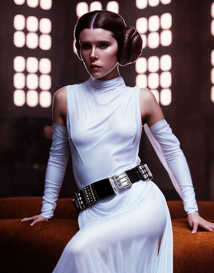 Woman in white futuristic costume with side buns hairstyle poses against circular light patterns.