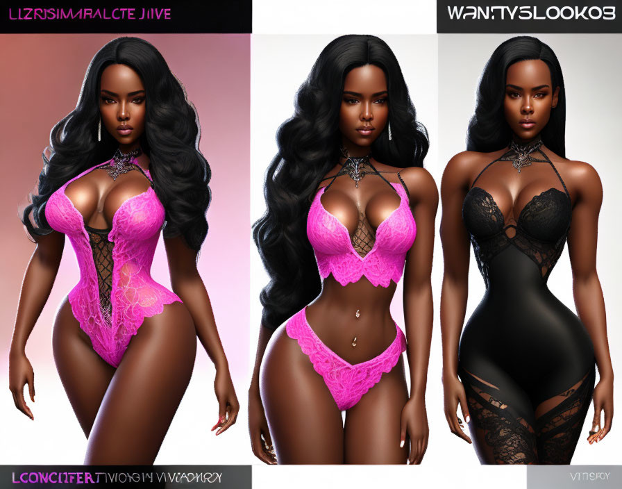 Stylized digital woman model in pink, two-piece, and black lingerie poses