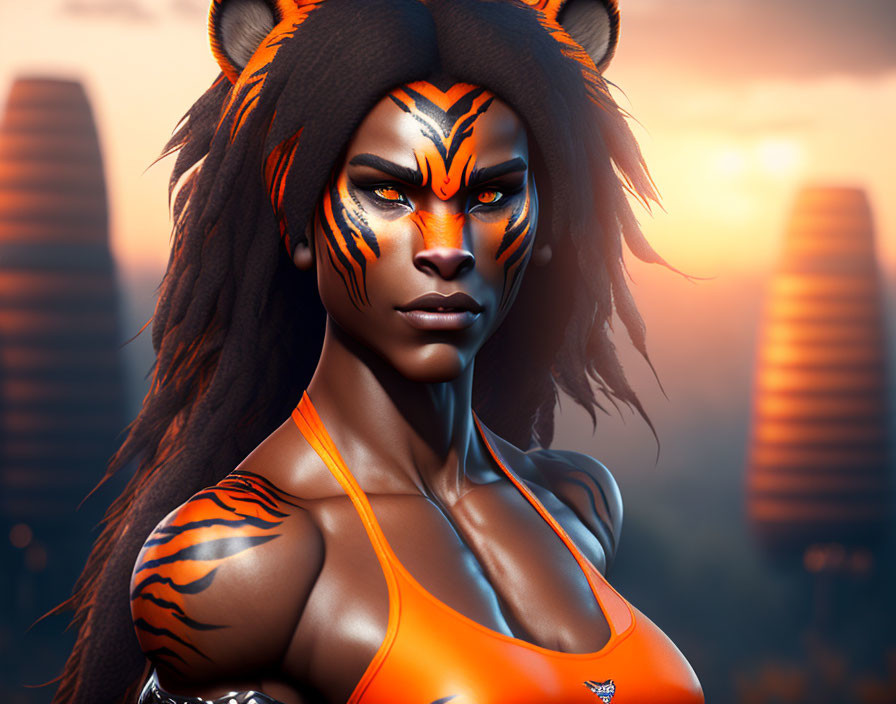 Digital artwork of woman with tiger face paint and headband against sunset backdrop.