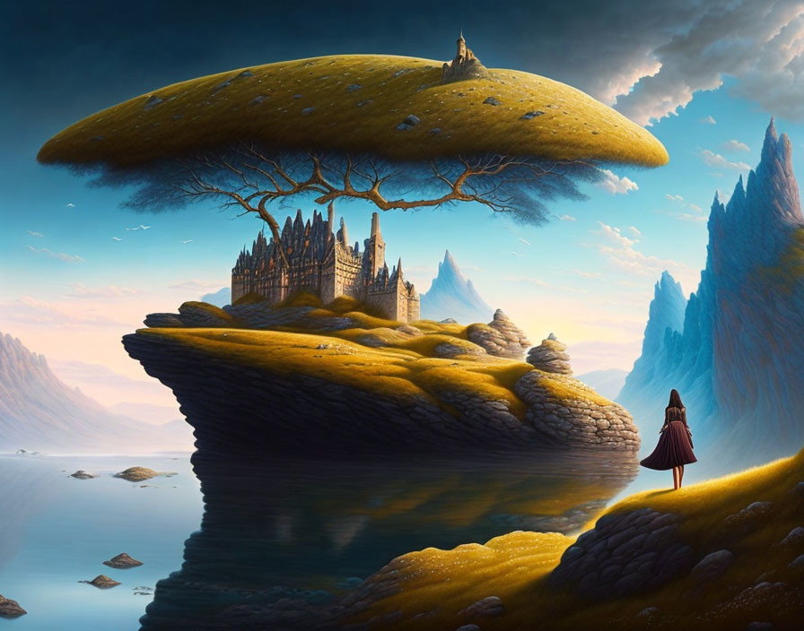 Red-cloaked figure observes surreal landscape with colossal tree and floating rock island.