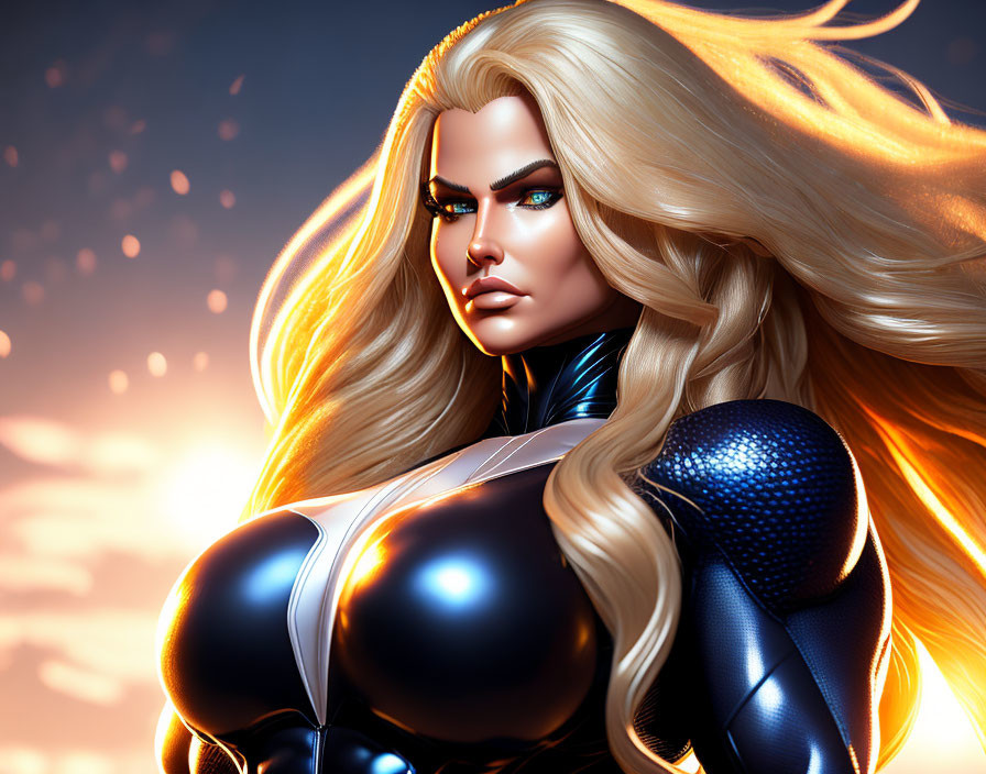 Female superhero 3D illustration in black suit with blonde hair and blue eyes