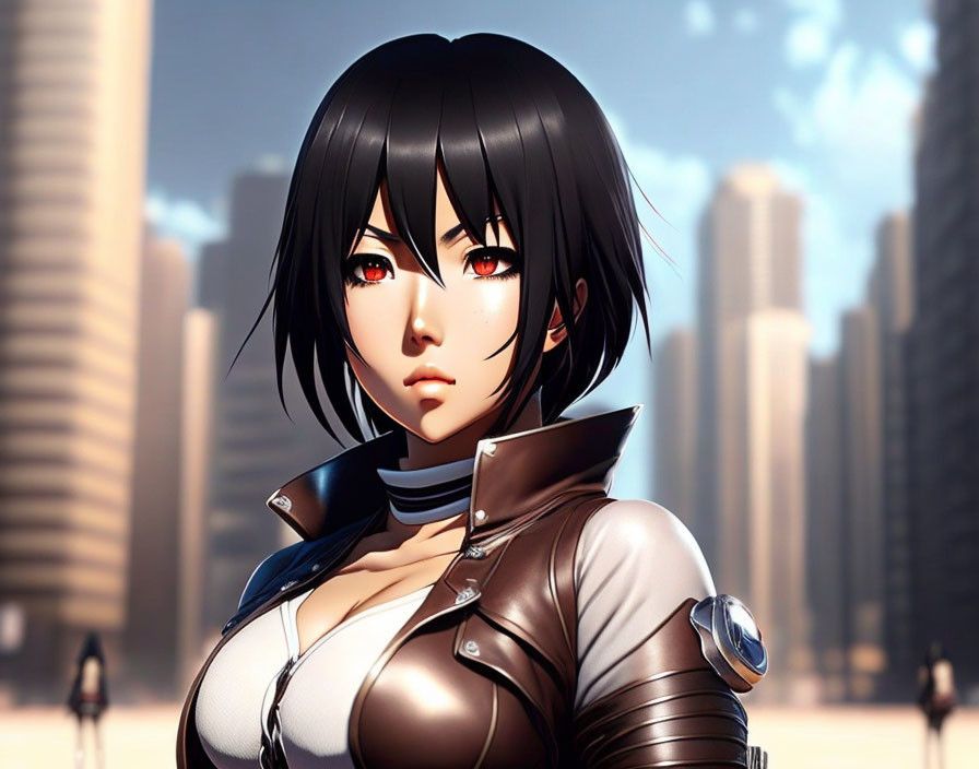 Black-Haired Female Character in Futuristic Jacket with Red Eyes and Cityscape