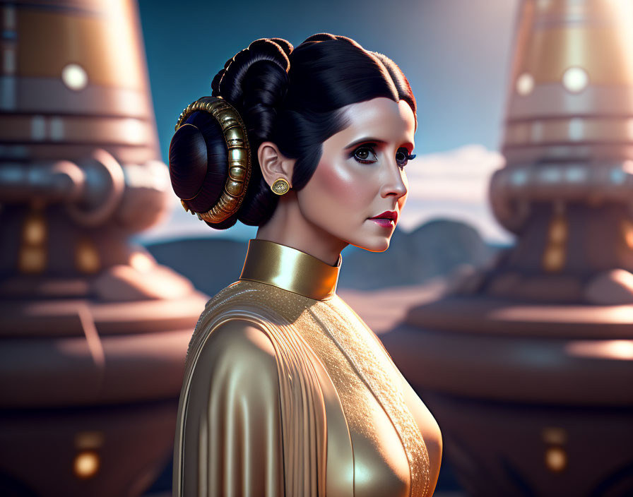 3D-rendered image of woman with elaborate hairstyles in gold outfit