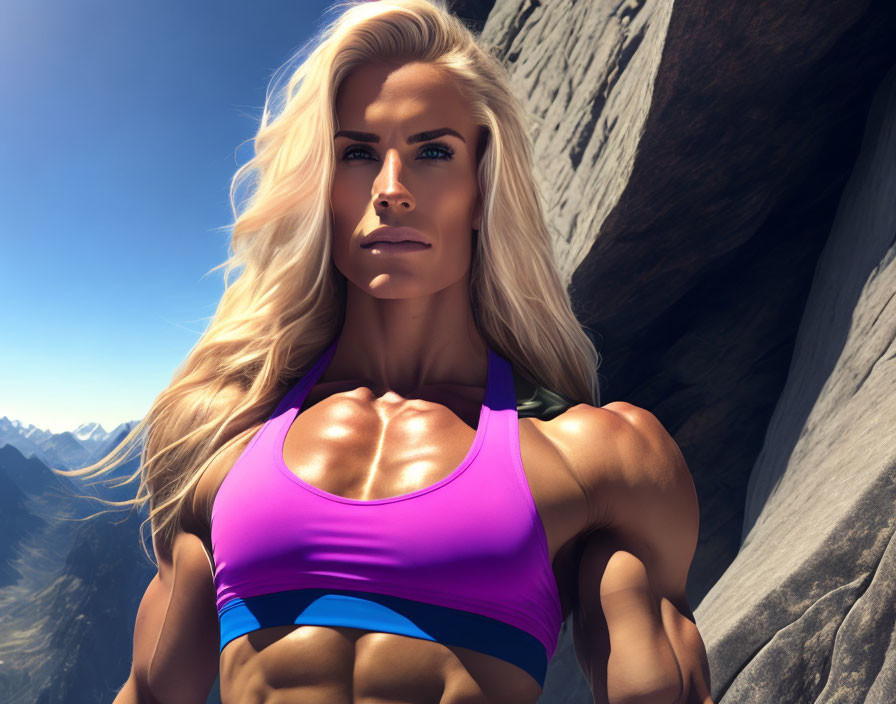 Muscular blonde woman in purple sports top against rocky mountainous backdrop