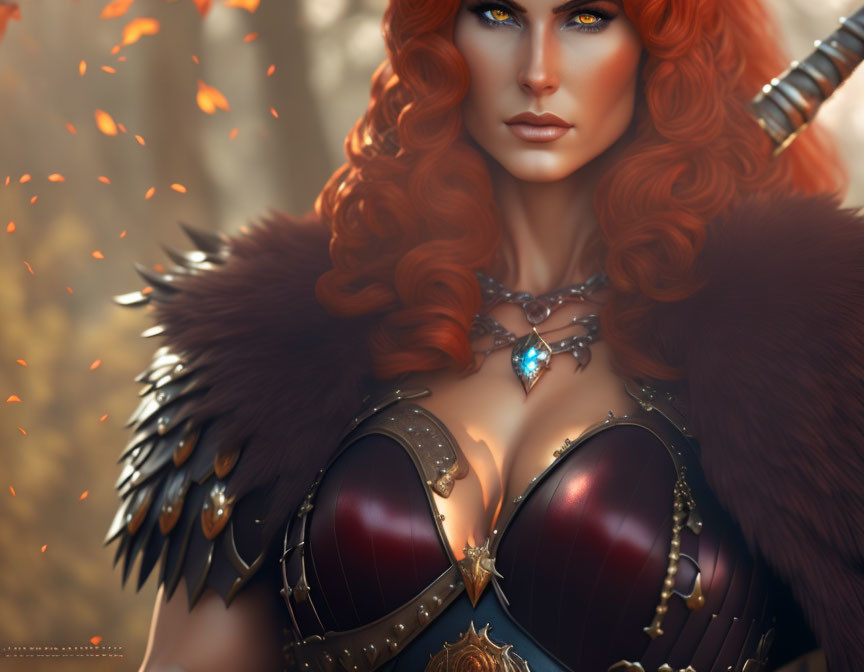 Warrior woman illustration with red hair, fur cloak, and armor.