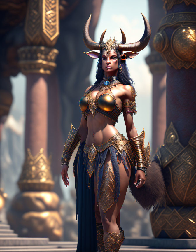 Fantastical female character with horns in golden armor at grand structure