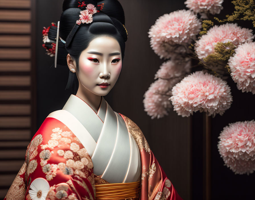 Traditional Japanese Geisha in Red Kimono with Pink Blossoms