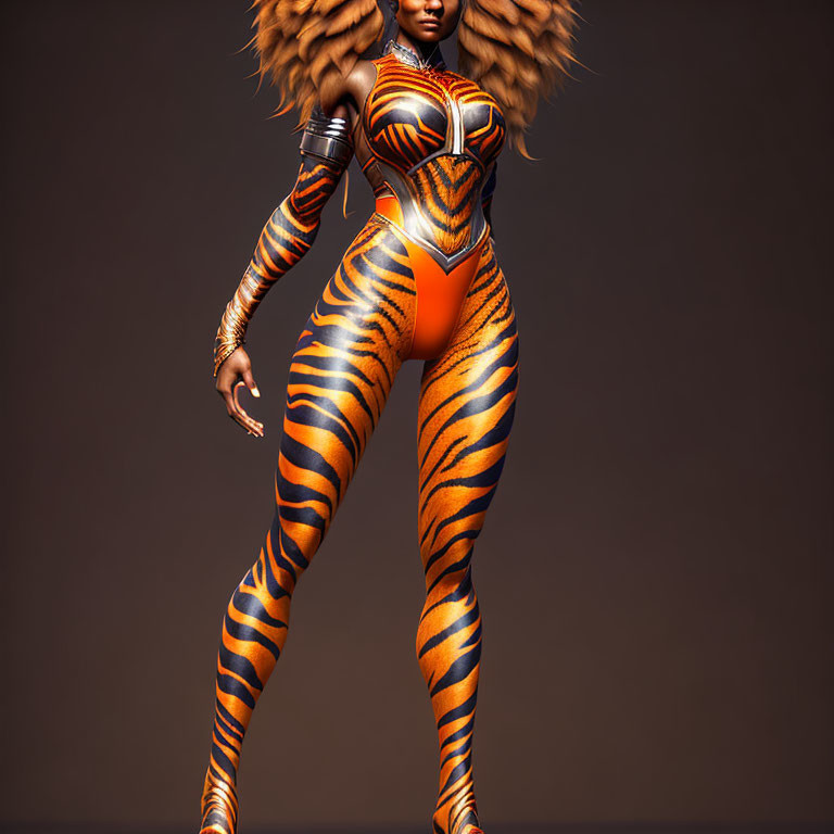 Female Figure in Tiger Stripe Bodysuit with Metal Arm Guards on Brown Background