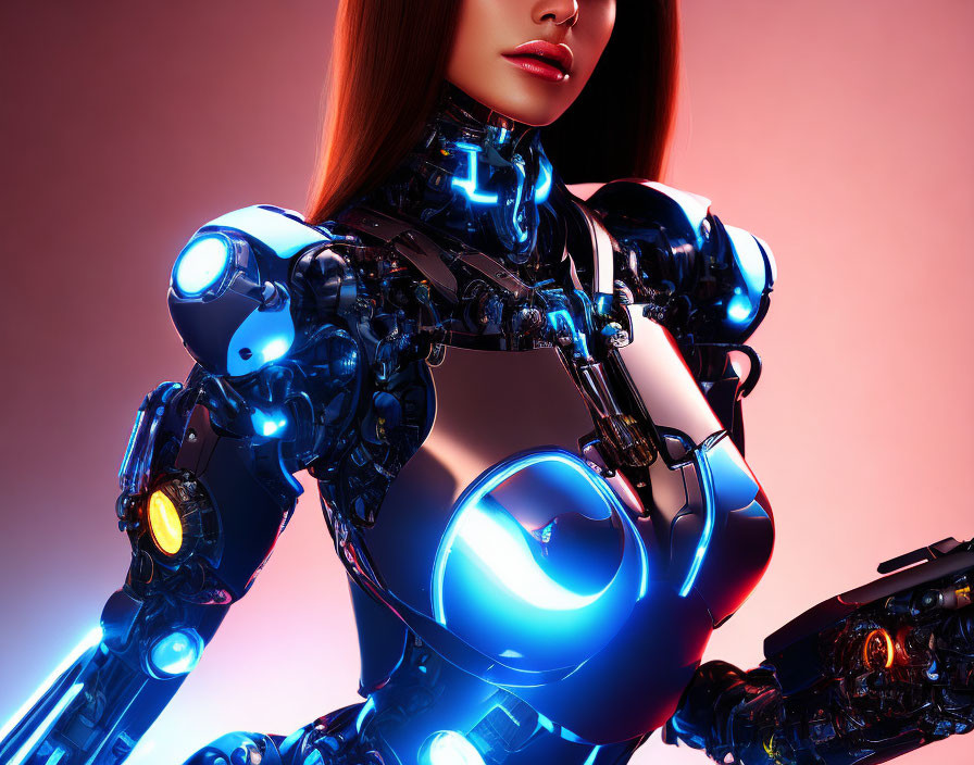 Blue-Illuminated Female Android on Pink Background