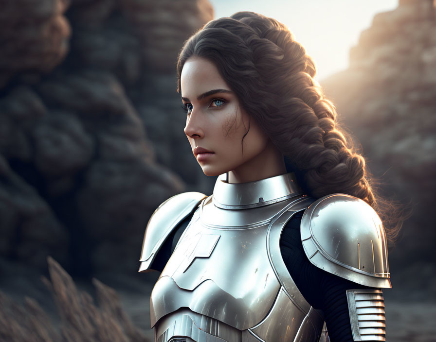 Digital art portrait of woman in braided hair & futuristic armor on rocky terrain