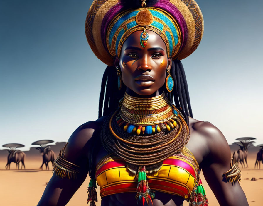 Traditional African Jewelry Adorns Woman in Desert Landscape