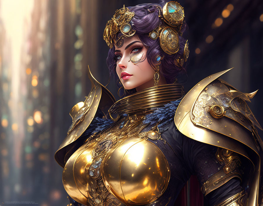 Purple-haired female character in golden armor with ornate headdress on cityscape backdrop