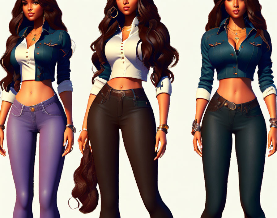 Stylized animated female character in three poses with long hair and colorful outfit