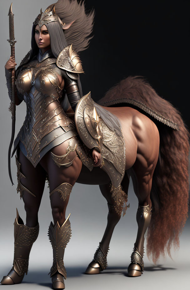 Digital artwork: Centaur warrior with female human torso in bronze armor and lance, on neutral background