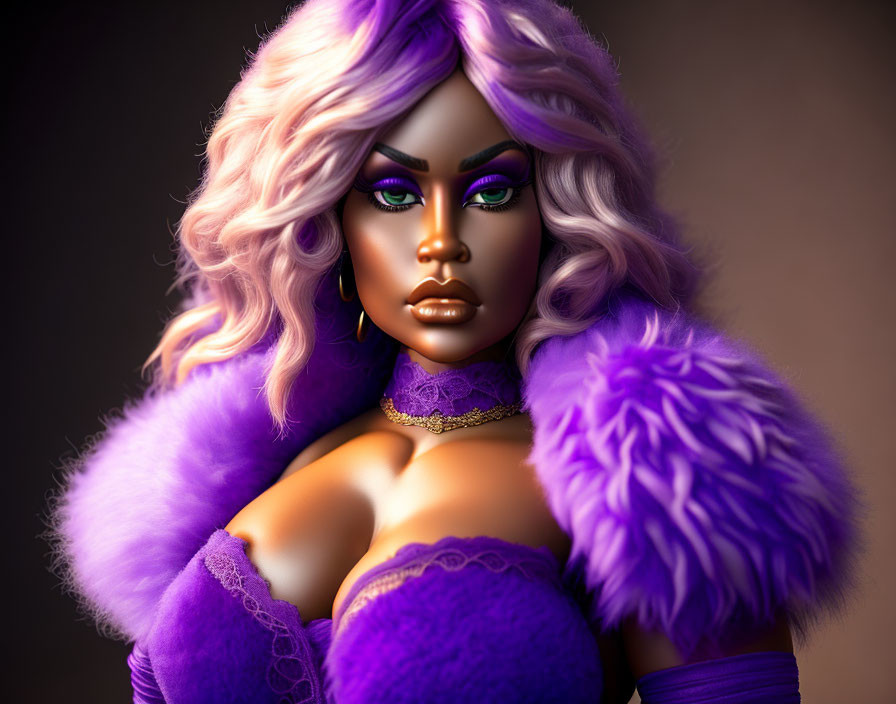 Voluminous purple hair, green eyes, purple fur clothing in 3D illustration