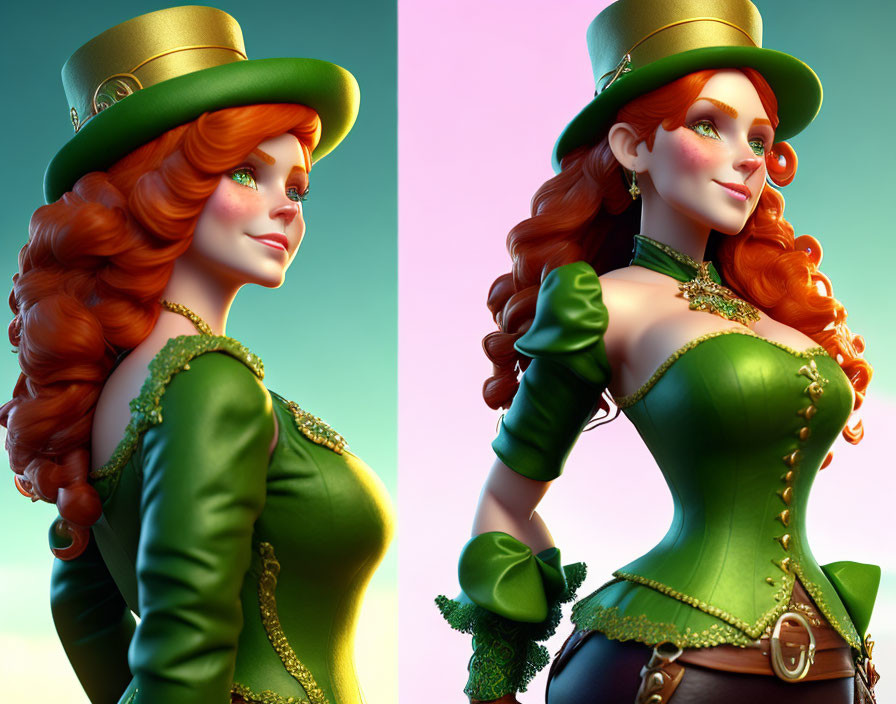 Vibrant 3D illustration of woman in green corset and top hat