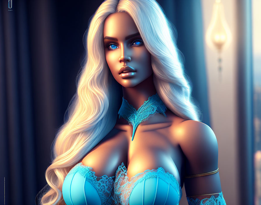 Digital art portrait of woman with platinum blonde hair and blue eyes in lace corset.