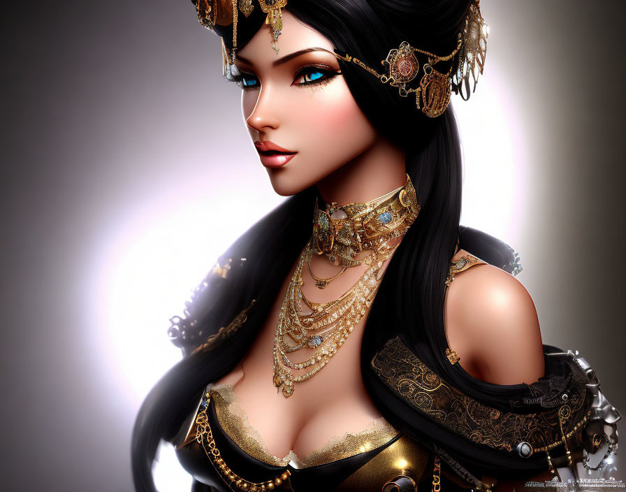 Fantasy Female Character with Striking Blue Eyes and Golden Jewelry