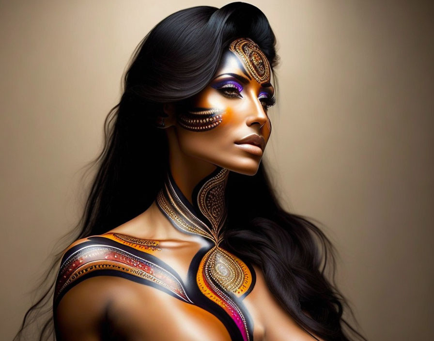 Colorful Body Paint and Elaborate Makeup on Woman Against Neutral Background