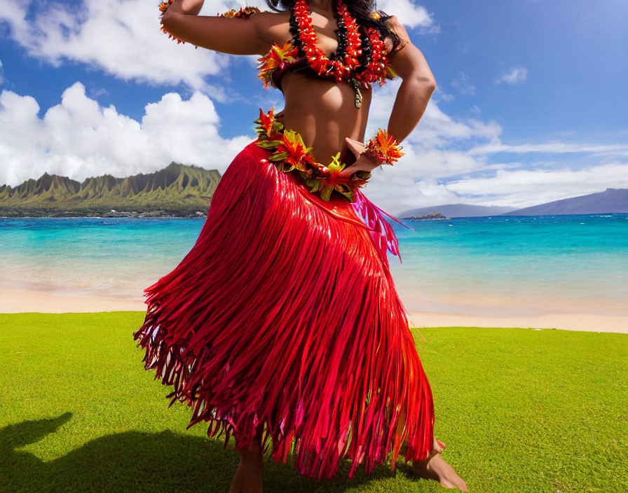 Bright red grass skirt hula dancer on sunny beach