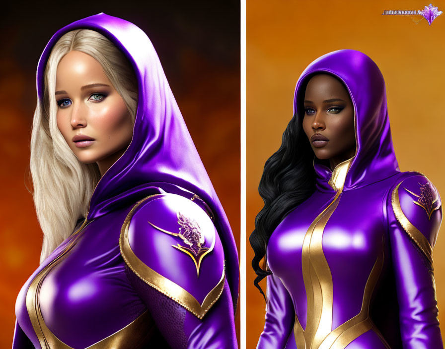 Two women in purple superhero suits with bird emblem, capes, hoods on gradient background