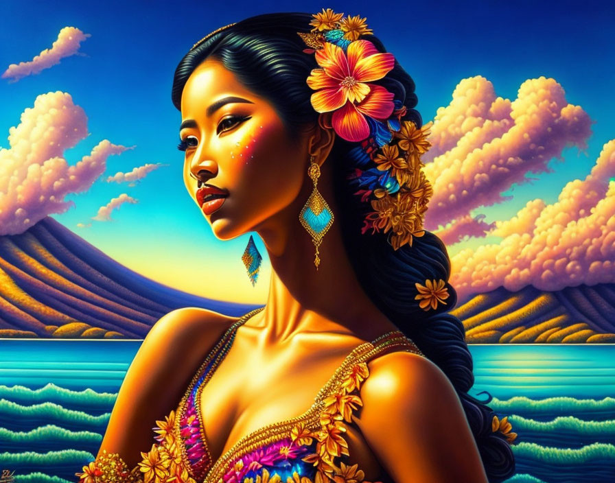 Woman with flowers in hair gazing at mountains and colorful sky