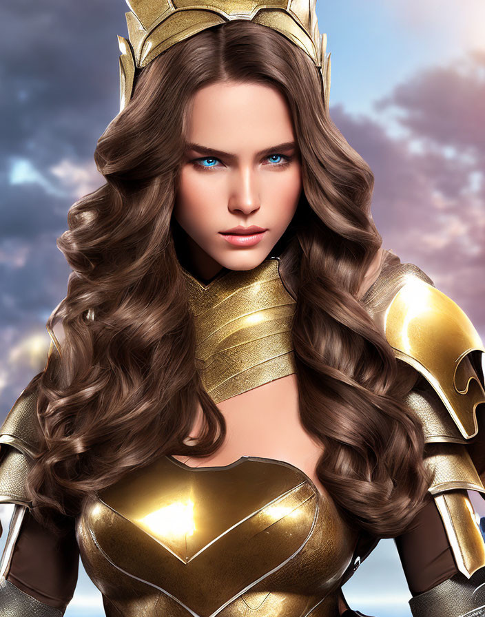 Regal woman in golden armor with blue eyes and crown against cloudy sky