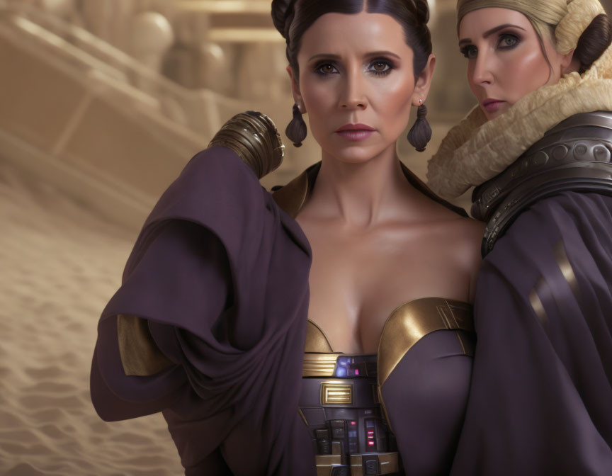 Two women in elaborate sci-fi costumes with golden accents against architectural backdrop.