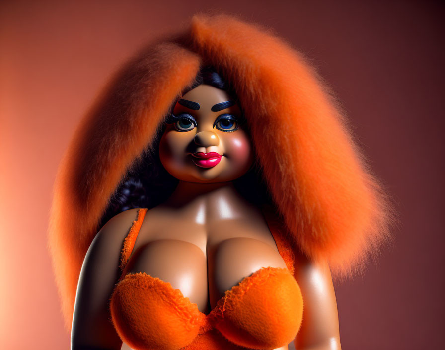 Exaggerated features stylized figurine with orange hair and bikini on red backdrop