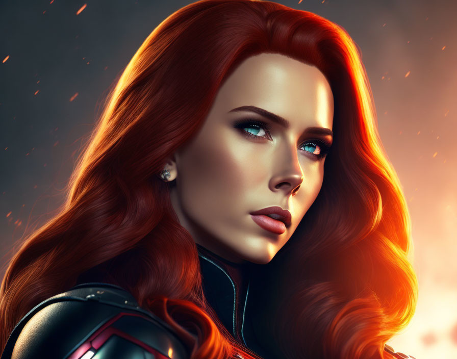 Woman with Red Hair and Blue Eyes in Futuristic Armor Against Ember-Filled Background