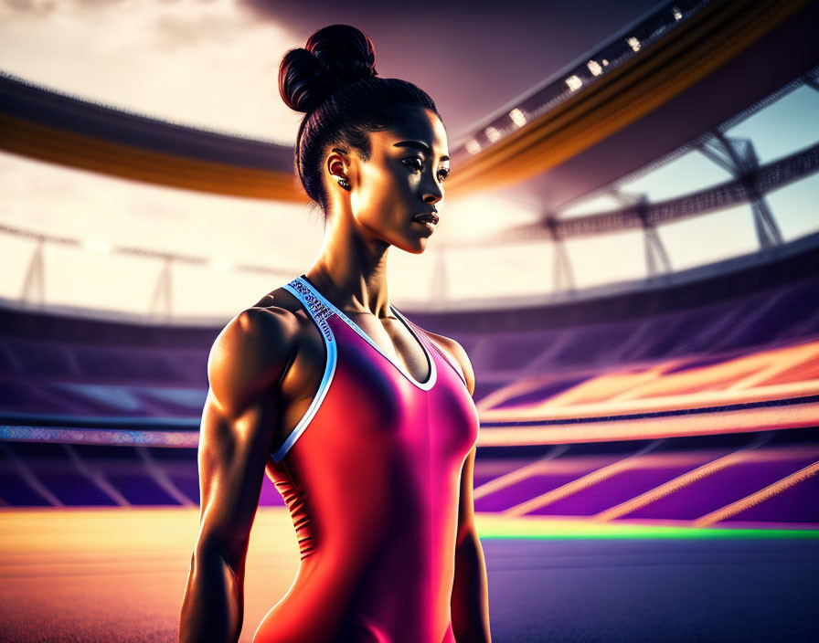 Female Athlete in Pink and Blue Bodysuit in Vibrant Stadium Setting