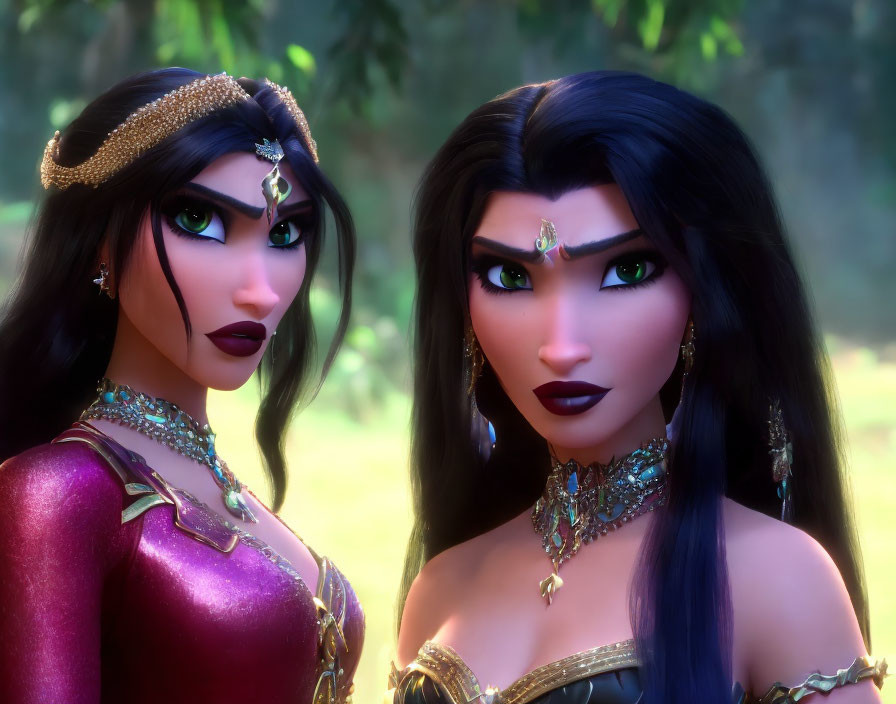 Two dark-haired female characters in ornate medieval gowns in forest setting