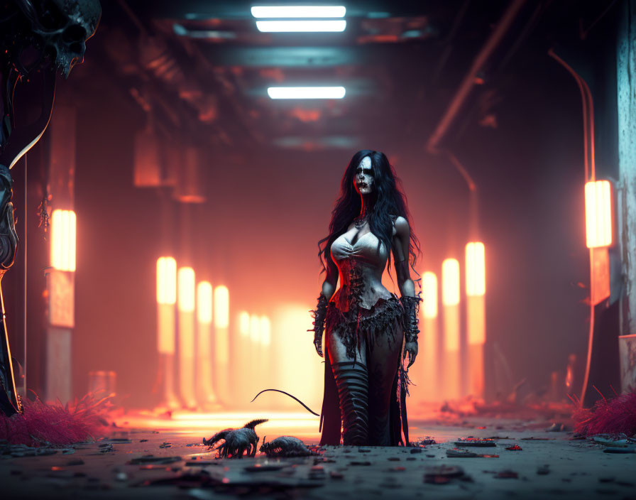 Darkly made-up woman in post-apocalyptic attire with rat in dimly lit corridor surrounded by debris