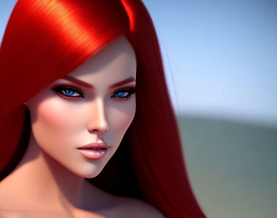 Vibrant red-haired woman with blue eyes in digital art