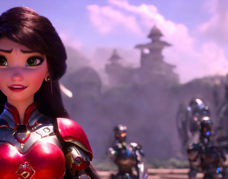 3D animated female character in red and silver armor with green eyes in misty Asian-inspired landscape