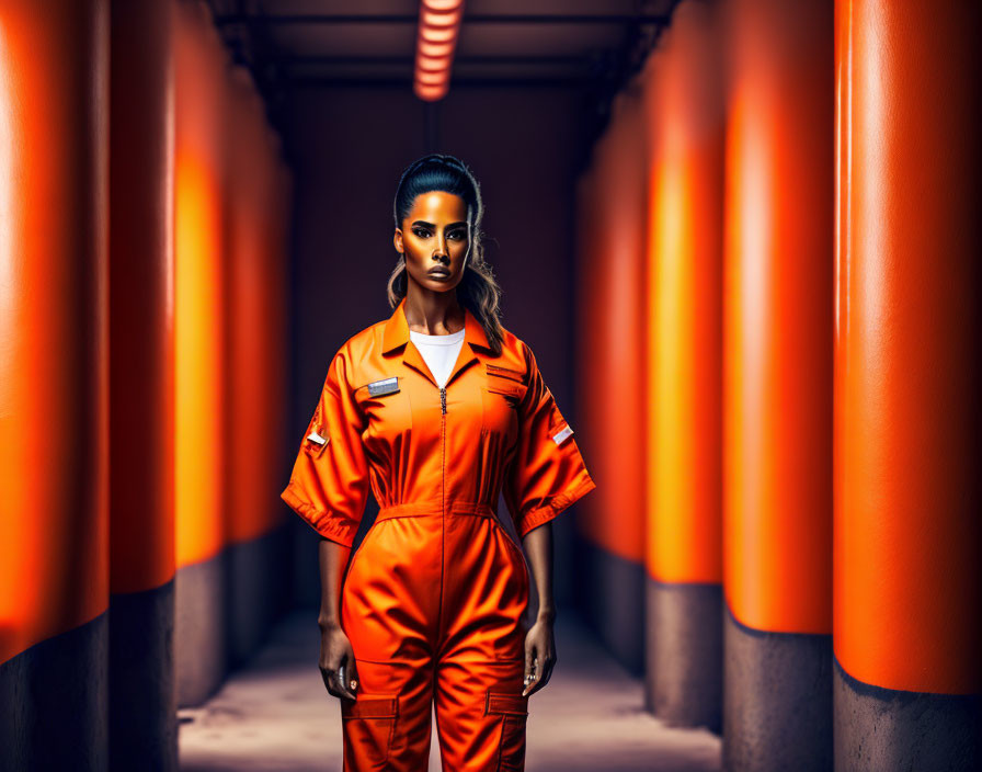 Stylish Woman in Orange Jumpsuit in Vibrant Corridor