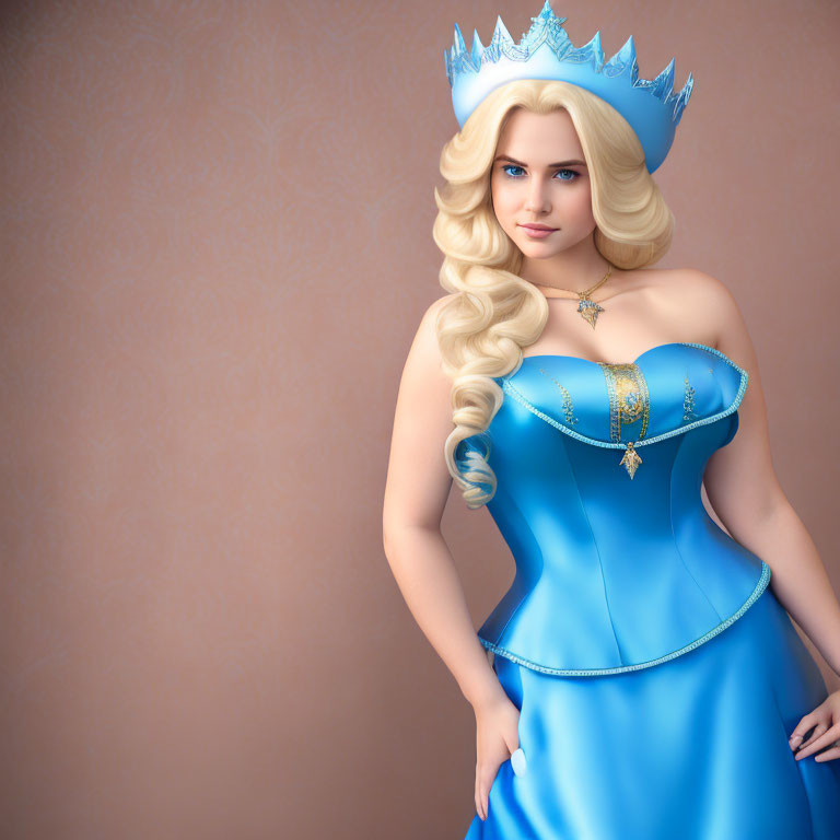 Fair-Haired Woman in Blue Gown and Crown: Fantasy Ice Queen Illustration