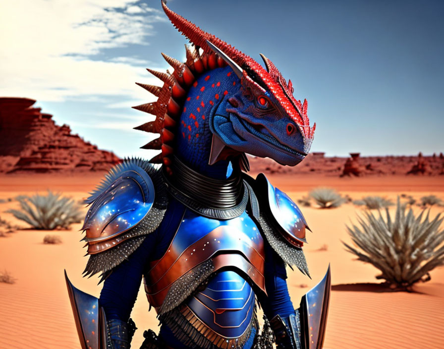 Anthropomorphic red and blue dragon in futuristic armor on desert landscape