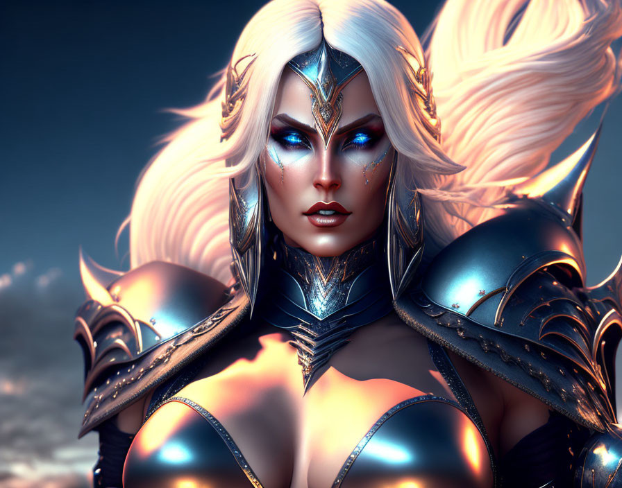 Fantasy female warrior digital art: white hair, blue eyes, silver armor, dramatic sky