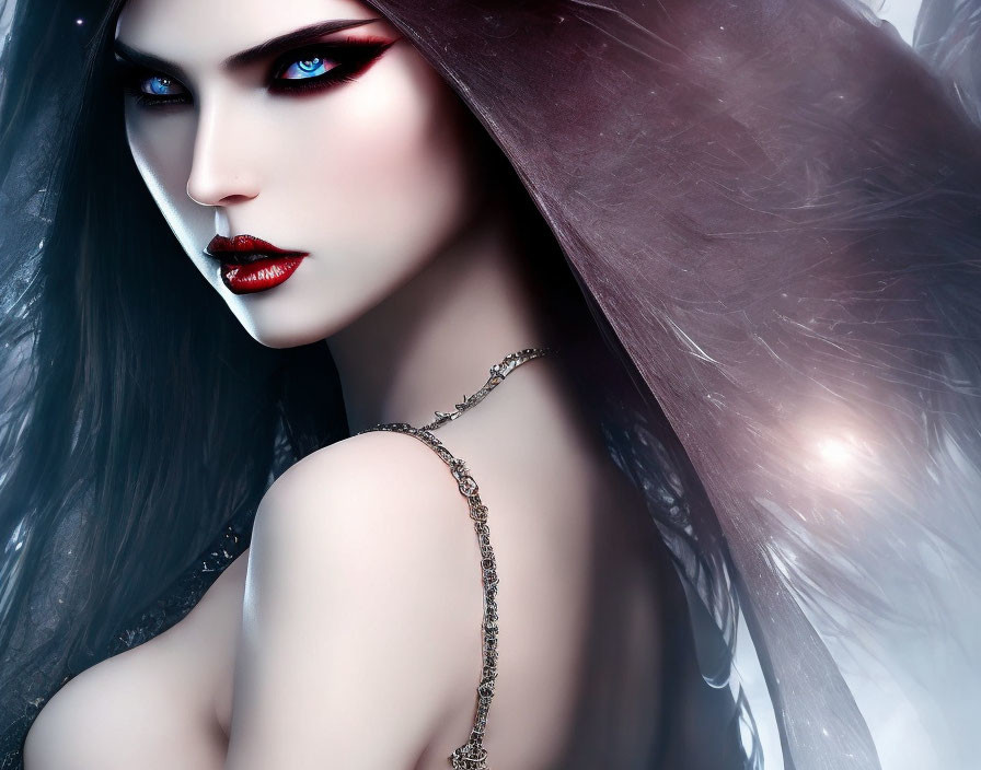 Gothic fantasy digital art of a pale woman with red eyes and dark hair