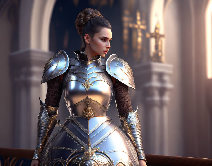 Medieval armor-clad woman in grand hall with golden embellishments