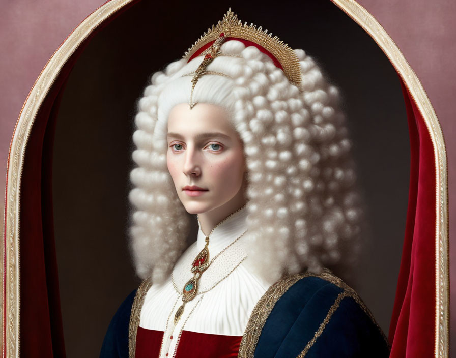 Elaborate White Wig and Regal Attire with Crown and Jewels on Maroon Background