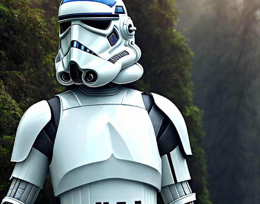 White Stormtrooper helmet and armor against green foliage background