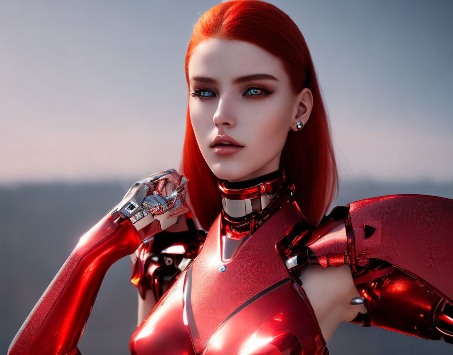 Red-haired woman in futuristic armor with metallic details on muted background