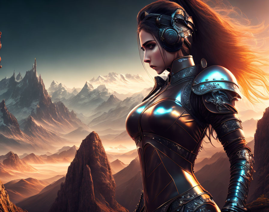 Futuristic warrior woman in elaborate armor against mountainous backdrop